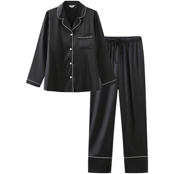 NWT HOdo Women's XL Navy & White Contrast Silky Satin Button Pajamas Set - Picture 4 of 7